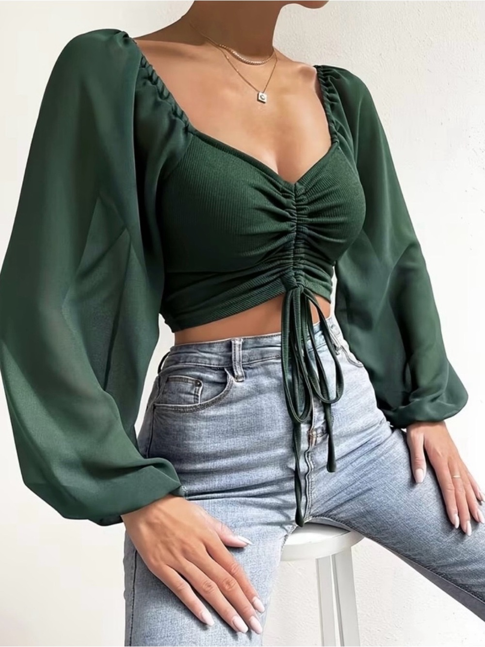 SHEIN Forest Green Ruched Sweetheart Puff Sleeve Crop Top L NWOT